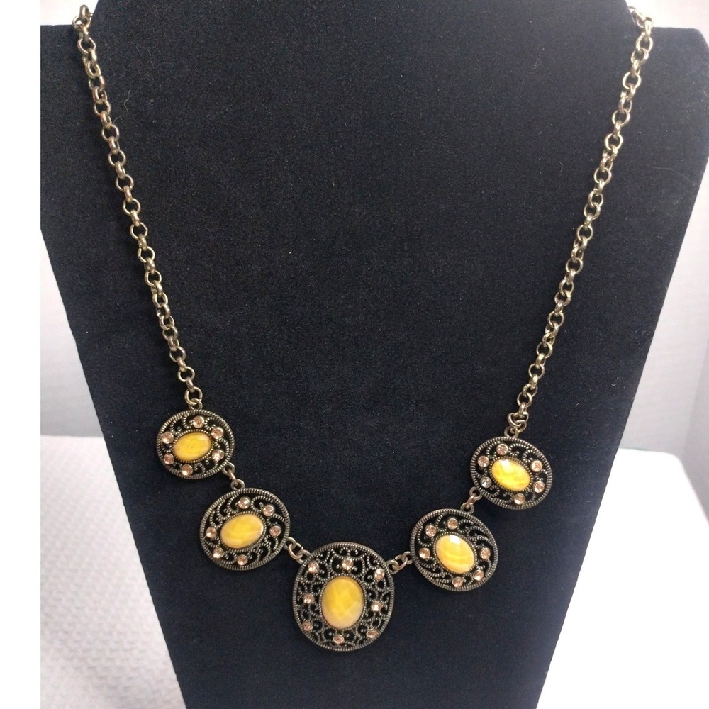 Antiqued Gold Tone Yellow Stone Filigree Bib Statement Necklace Boho Victorian